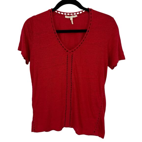 Maje Linen Short Sleeve Tee Women Size 2 V Neck Crochet Eyelet Red Pull Over - Picture 1 of 11